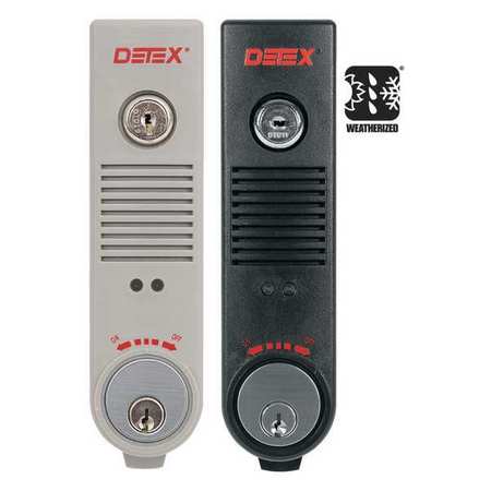 DETEX Exit Door Alarm, 9V, UL Listed, Horn EAX-300W GRAY W-CYL