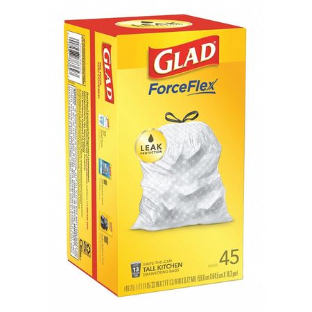 GLAD 13 gal Trash Bags, 24 in x 27 1/2 in, Extra Heavy-Duty, 0.9 mil, White, 45 PK 78362