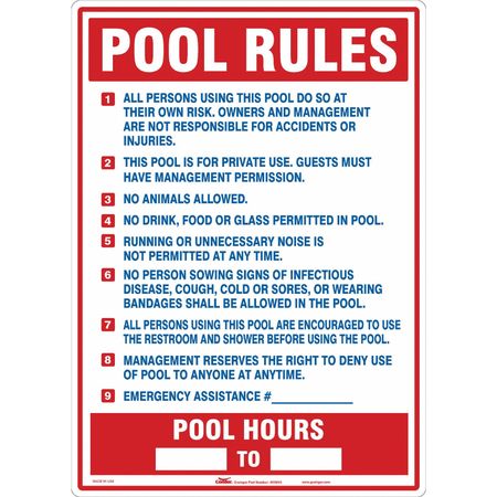 CONDOR Safety Pool Rules Sign, 28" H, 20" W, 444M44 444M44