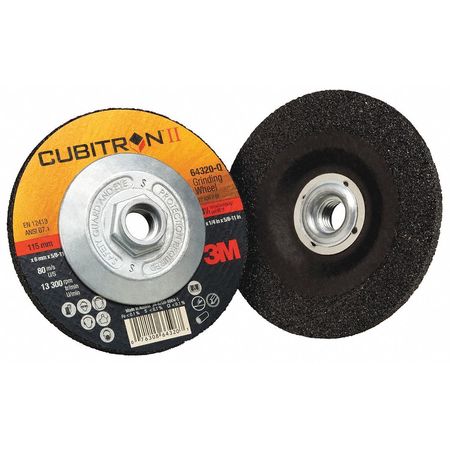 3M Cubitron Depressed Center Wheel, Type 27, 4 1/2 in Dia, 0.25 in Thick, 5/8"-11 Arbor Hole Size 64320