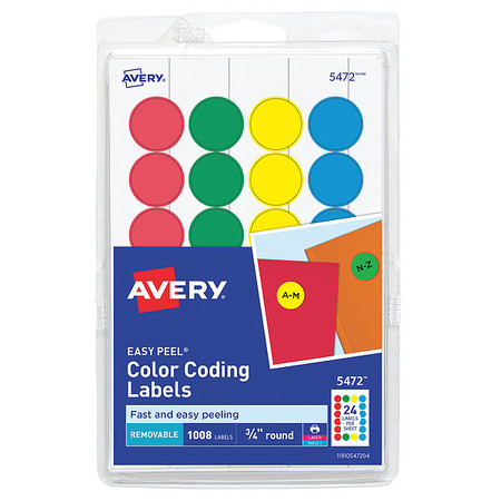 Avery Avery® Removable Color Coding Labels, Assorted Colors (Blue, Green, Red, Yellow) for Laser and Inkjet Printers 5472, 3/4" Round, 1008 Labels AVE05472