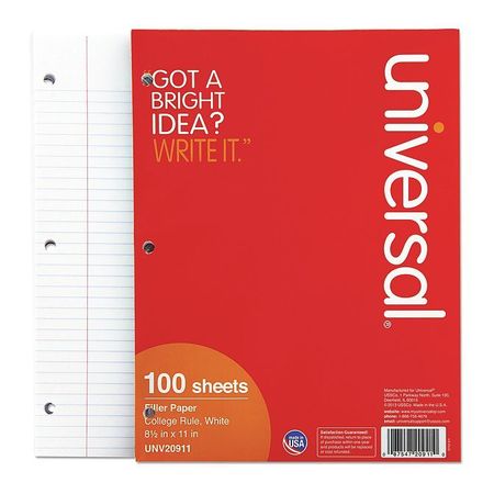 UNIVERSAL ONE Filler Paper, White, College, 16 lb., PK100 UNV20911