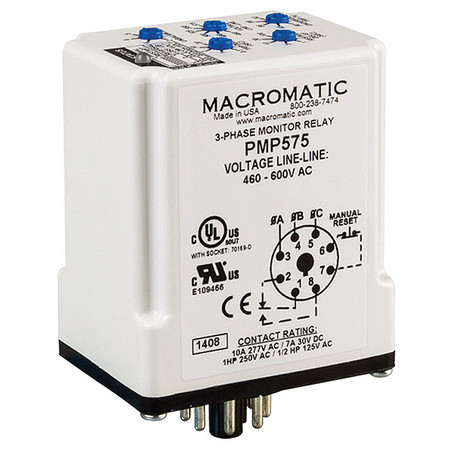 Macromatic 3 Phase Monitor Relay, SPDT, 600VAC, 8 Pin PMP575