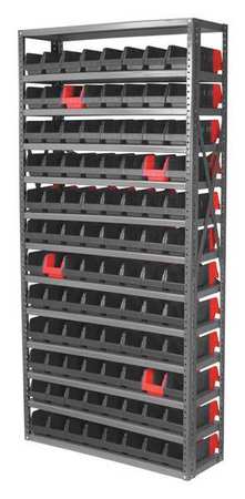 AKRO-MILS Steel Bin Shelving, 36 in W x 79 in H x 12 in D, 13 Shelves, Gray/Black/Red AS127936442BK