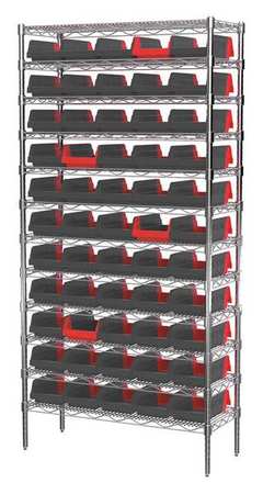 AKRO-MILS Steel Wire Bin Shelving, 36 in W x 74 in H x 14 in D, 12 Shelves, Silver/Black/Red AWS143636462BK