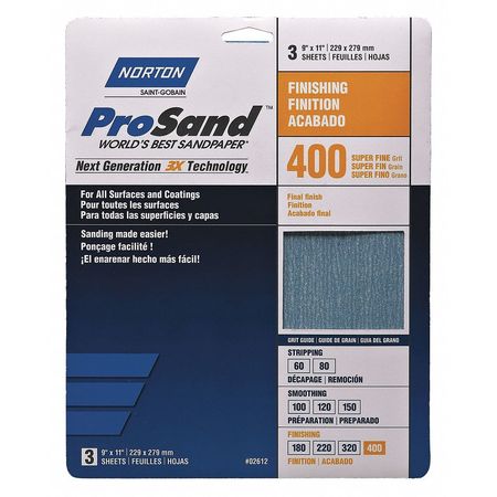 Norton Abrasives Sandpaper Sheet, Super Fine, 400 Grit, PK3 07660768156