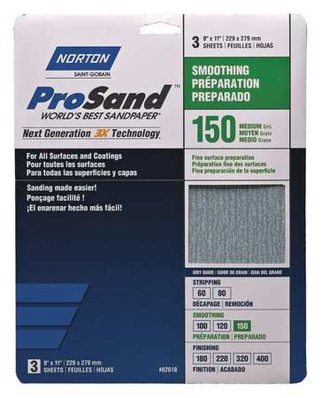 Norton Abrasives Sandpaper Sheet, Fine, 150 Grit, PK3 07660768160