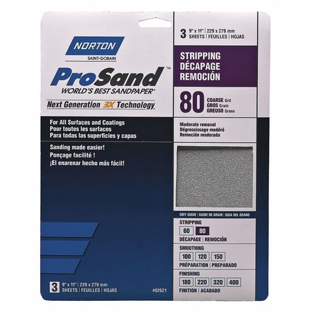Norton Abrasives Sandpaper Sheet, Med., 80 Grit, PK3 07660768163