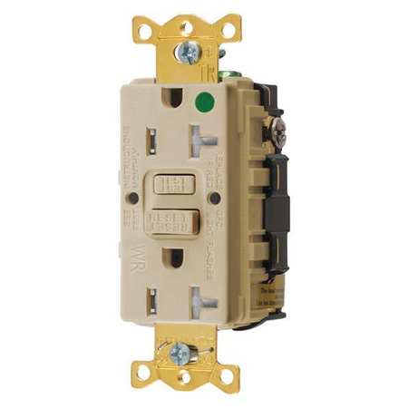 Hubbell GFCI Receptacle, 20A, 125VAC, 5-20R, Ivory GFRTW83I