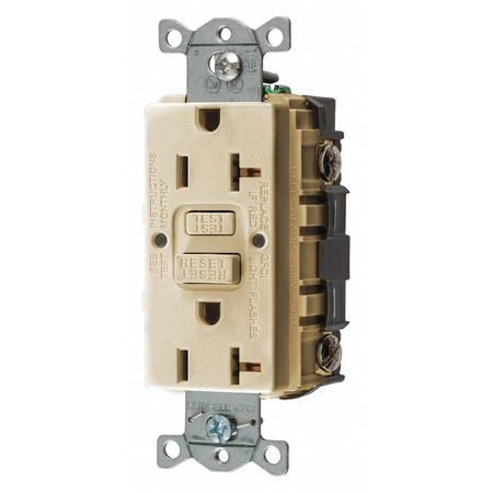 HUBBELL GFCI Receptacle: Duplex, 1 Phase, NEMA 5-20R, 125V AC, 20 A, 2 Poles, Screw Terminals, Ivory GFRST20I