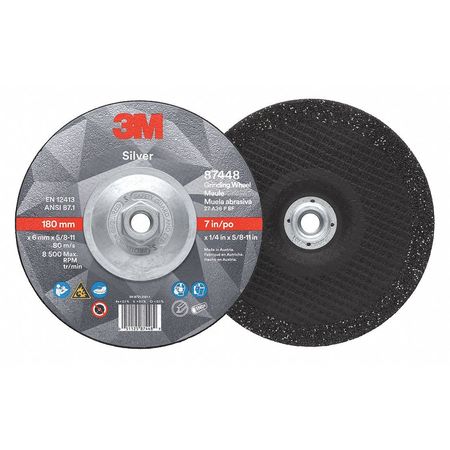 3M Depressed Center Wheels, Type 27, 7 in Dia, 0.25 in Thick, 5/8"-11 Arbor Hole Size, Ceramic Grain 87448