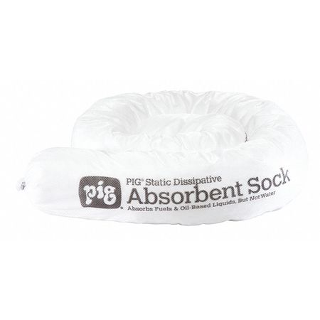 PIG Absorbent Sock, 12 gal, 3 in x 48 in, Oil-Based Liquids, White, Polypropylene SKM700