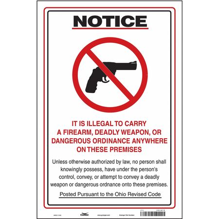 CONDOR No Concealed Weapons Sign, 18 in H, 12 in W, Vinyl, Vertical Rectangle, English, 453U16 453U16
