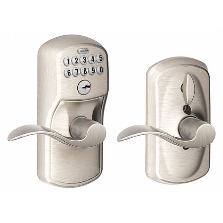 SCHLAGE RESIDENTIAL Electronic Lock, Lever, Satin Nickel FE595 PLY619ACC