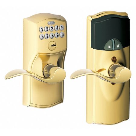 Schlage Residential Electronic Lock, Lever Handle, Brass FE599 CAM505ACC