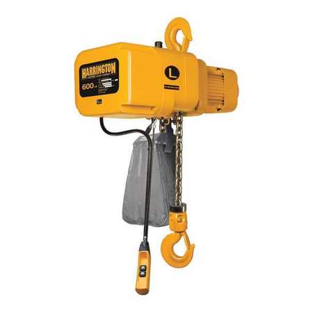 HARRINGTON Electric Chain Hoist, 600 lb, 10 ft, Hook Mounted - No Trolley, Yellow NER000600L-10/230v