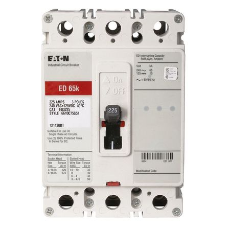 Eaton Molded Case Circuit Breaker, ED Series 225A, 3 Pole, 240V AC ED3225