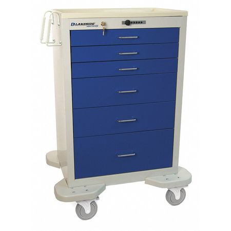 LAKESIDE Medical Cart, 6 Drawers w/Push Button Lock, Blue Cabinet C-630-P-2B