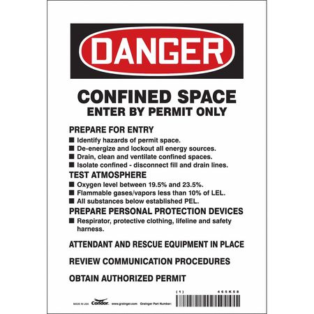 CONDOR Safety Sign, 10 in Height, 7 in Width, Vinyl, Horizontal Rectangle, English, 465K58 465K58