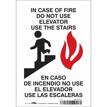 CONDOR Safety Sign Emergency Exit, 10 in Height, 7 in Width, Vinyl, Horizontal Rectangle, English, Spanish 467U42