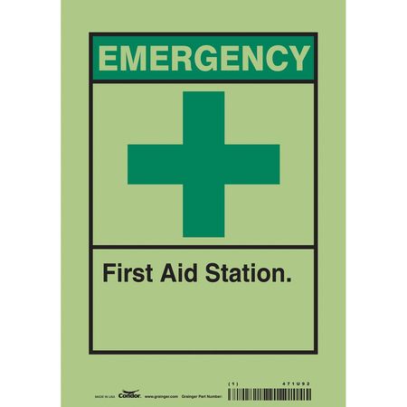 First Aid Station, 7 In W X 10 In H, Horizontal Rectangle, Glow Vinyl, 471U92