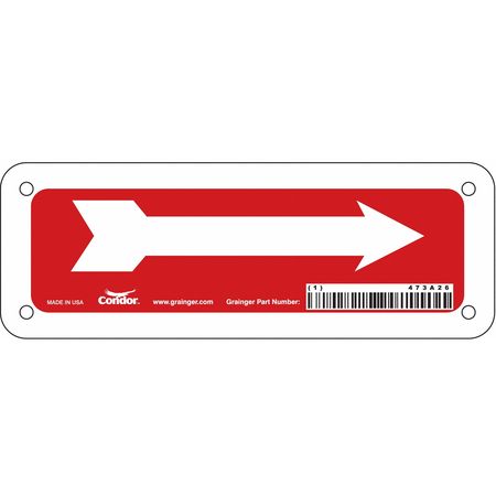 CONDOR Directional Arrow Sign, No Text, 7" W, 2-1/2" H, Aluminum, Red, White 473A26