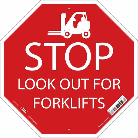 CONDOR Stop Look Out For Forklifts Sign, 24" W, 24" H, English, Aluminum, Red, White 476N38