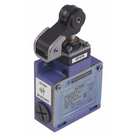 TELEMECANIQUE SENSORS Limit Switch, Plunger, Roller, 1NC/1NO, 10A @ 240V AC, Actuator Location: Top XCKM121