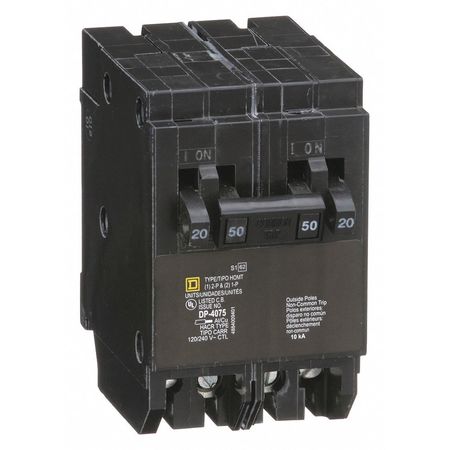 Square D Miniature Circuit Breaker, HOMT Series 20A, 2x1, 1x2 Pole, 120/240V AC HOMT2020250