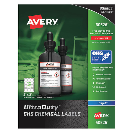 AVERY 2" x 2" GHS Chemical Labels for Inkjet Printers, 600 labels/50-sheets 7278260526