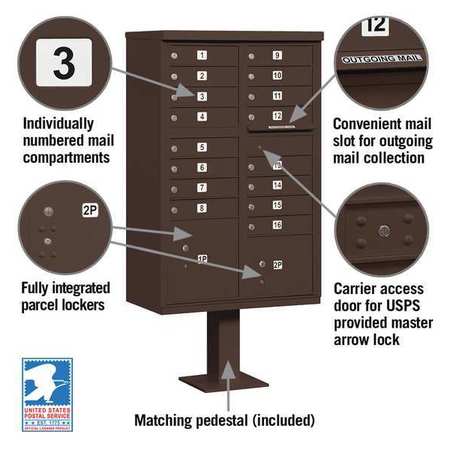 Salsbury Industries Cluster Box Unit, Bronze, Powder Coated, 18 Doors, Pedestal, 3 Type 3316BRZ-U