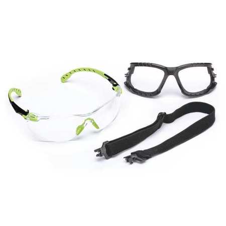 3M Solus Safety Glasses Kit, Strap, Removable Foam Gasket, Anti-Fog/Scratch, Black/Green, Clear Lens S1201SGAF-KT