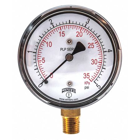 WINTERS Pressure Gauge, 0 to 5 psi, 1/4 in MNPT, Steel, Black PLP305