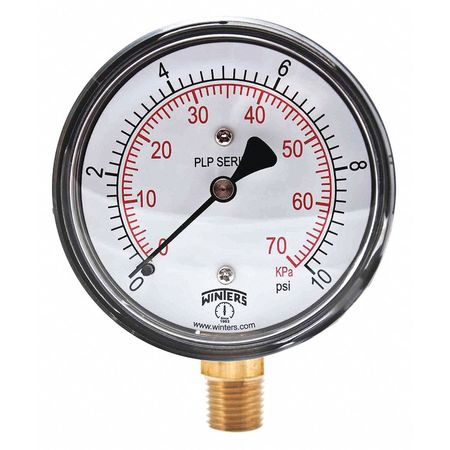 Winters Pressure Gauge, 0 to 10 psi, 1/4 in MNPT, Steel, Black PLP306