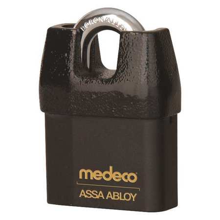 Medeco Padlock, Keyed Different, Partially Hidden Shackle, Square Brass Body, Boron Shackle, 7/16 in W 54725R0-T-26-DL-P