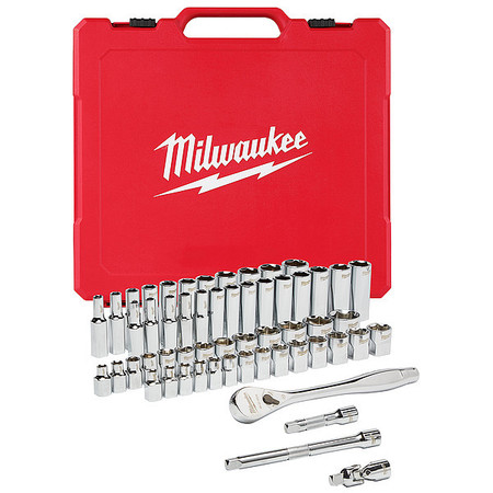Milwaukee Tool 3/8" Drive Socket Set SAE, Metric 56 pc. Pieces 1/4 in to 1 in, 6 mm to 19 mm , Chrome 48-22-9008