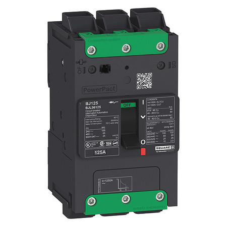 SQUARE D Molded Case Circuit Breaker, BDL Series 80A, 3 Pole, 347/600V AC, B Curve BDL36080