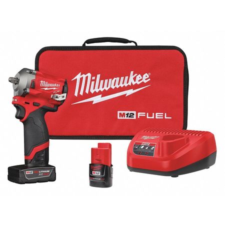 Milwaukee Tool M12 FUEL™ 12V 3/8" Cordless Stubby Impact Wrench Kit (2 Batteries + Soft Case Bundle) 2554-22