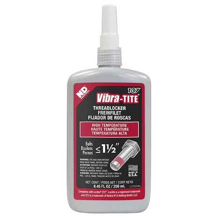 Vibra-Tite Threadlocker, VIBRA-TITE 137, Red, High Strength, Liquid, 250 mL Bottle 13725