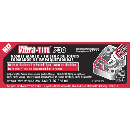 Vibra-Tite Anaerobic Gasket Sealant, 250 mL, 300 mL, 50 mL, Red, Temp Range 300 °F 73050