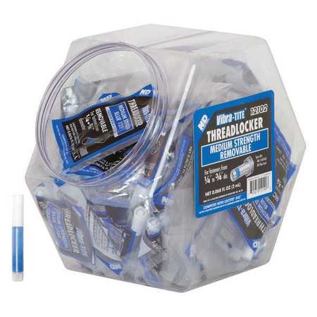 Vibra-Tite Threadlocker, VIBRA-TITE 121, Blue, Medium Strength, Liquid, 2 mL Tube, Fishbowl, Pack 100 12199