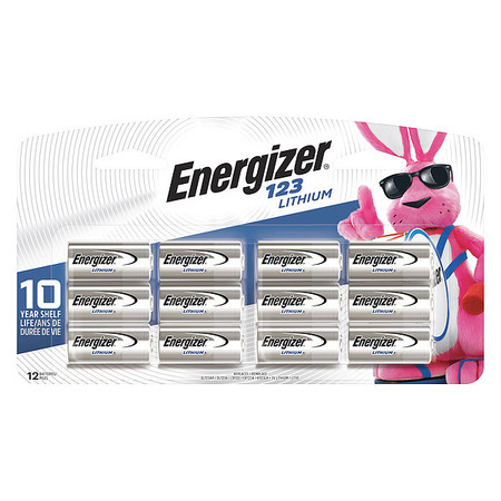 Energizer Battery, Lithium, 3V, 45/64 in. dia., PK12 EL123BP12