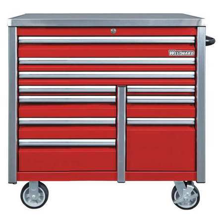 WESTWARD WESTWARD Rolling Tool Cabinet, 10-Drawers, Matte Red, 42" W x 25.5" D x 49" H 49NR88