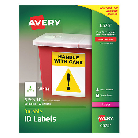 AVERY Avery® White Permanent Durable ID Labels for Laser Printers 6575, 8-1/2" x 11", Box of 50 7278206575