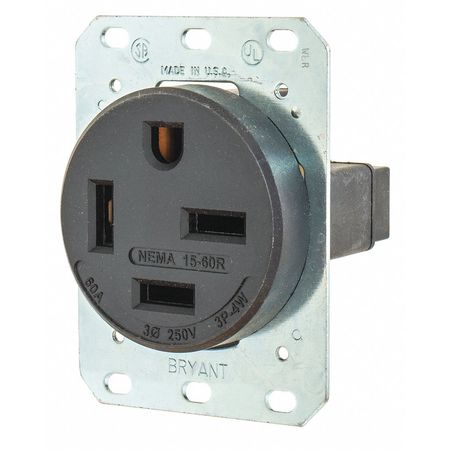 ZORO SELECT Receptacle, 60 A Amps, 250V AC, Flush Mount, Single Outlet, 15-60R, Black 8460FR