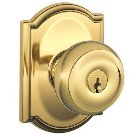 SCHLAGE Bright Brass Entrance Knob Lockset, Georgian/Camelot F51A GEO 605 CAM