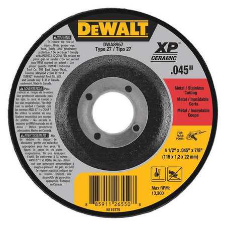 Dewalt 4-1/2" x 1/16" x 7/8" Type 27 Metal / Stainless Cutting Wheel DWA8957L