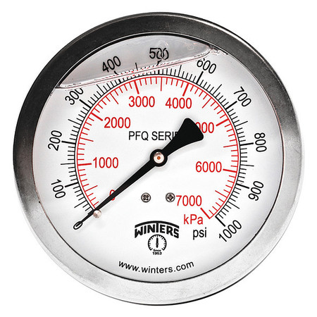 WINTERS Pressure Gauge, 0 to 1000 psi, 1/4 in MNPT, Silver PFQ1552