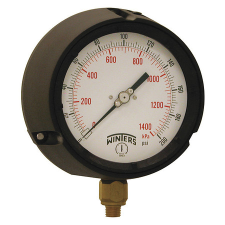 WINTERS Pressure Gauge, 0 to 200 psi, 1/4 in MNPT, Black PPC5086-G-SG.