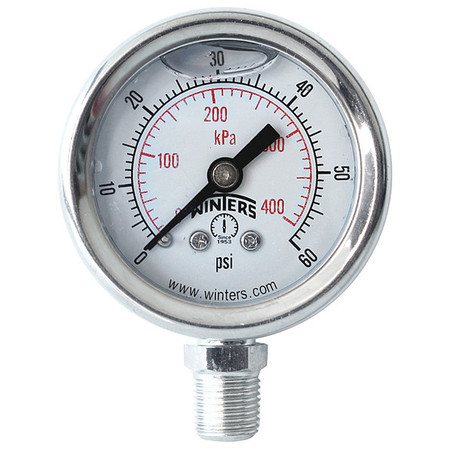 WINTERS Pressure Gauge, 0 to 60 psi, 1/8 in MNPT, Silver PFQ1203